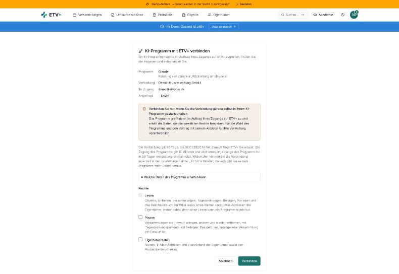 Die Seite „KI-Programm mit ETV+ verbinden“ in ETV+: Programm, Verwaltung und Zugang werden angezeigt, darunter die Rechte Lesen, Planen und Eigentümerdaten zur Auswahl.